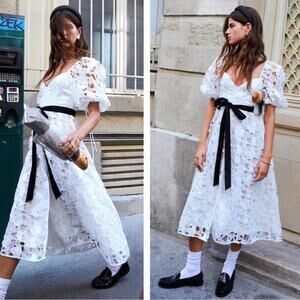 FOR LOVE & LEMONS Marlene Heart Embroidery Puff Sleeve White Midi Dress Size S